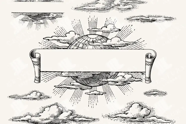 Globe and Clouds Vector Lineart Illustrations - Vintage World and Cloud Clip Art - PNG, SVG, and EPS Vector Formats Included!