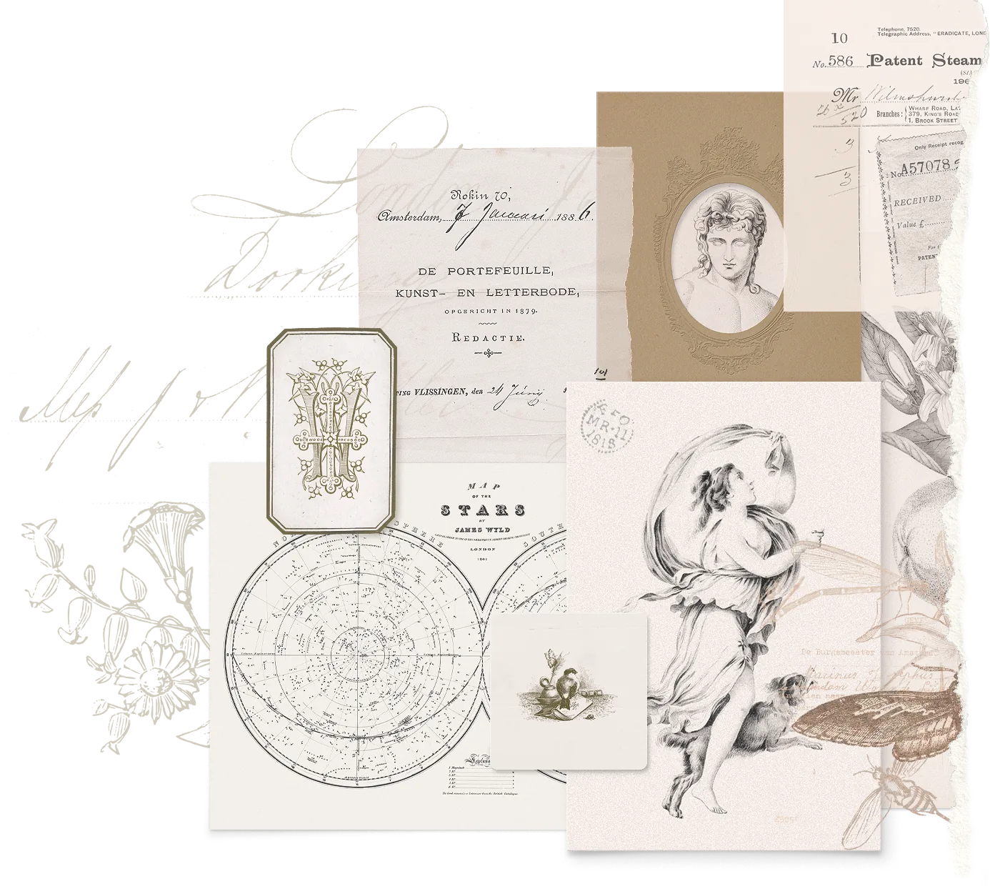 Collage of antique ephemera - star map, monograms, engravings and printed letterheads