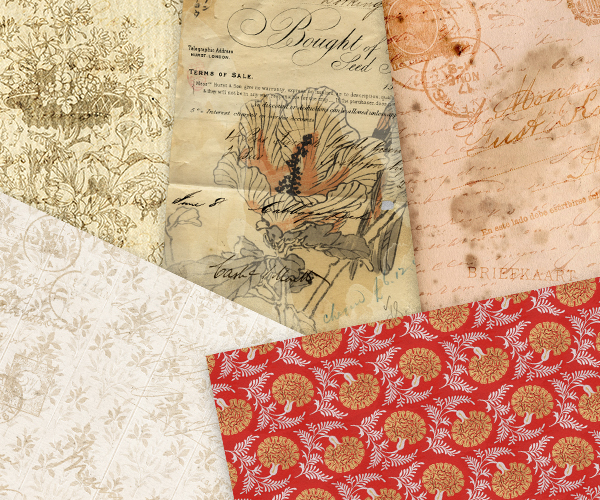 Layered vintage frames, labels and repeating digital-paper patterns