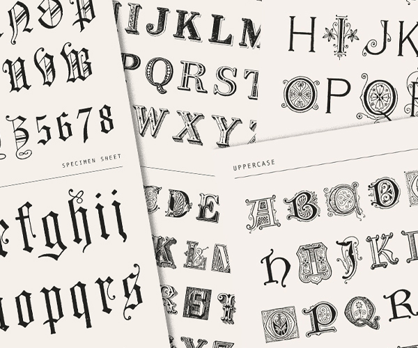 Specimen sheets of ornate antique alphabets and numerals