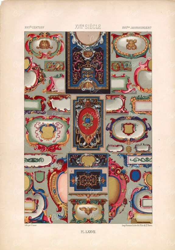 Enameled Decorative Frames Plate LXXVII 1873 RACINET Vintage Chromolithograph Illustration - Design - Century Library