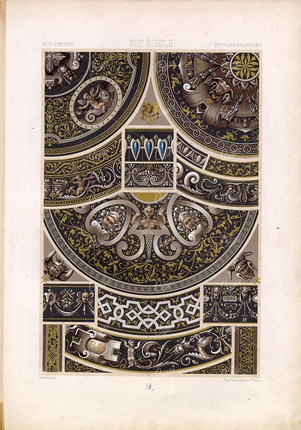 GROTESQUE 16th Century Border / Frames / Ceiling Design RACINET Vintage Artwork
