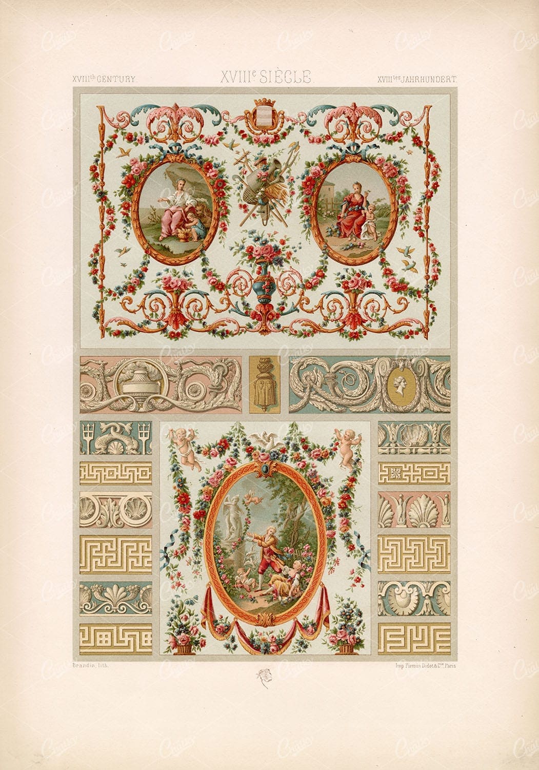18TH CENTURY Intricate Floral and Cherub Frame Designs RACINET Antique Artwork