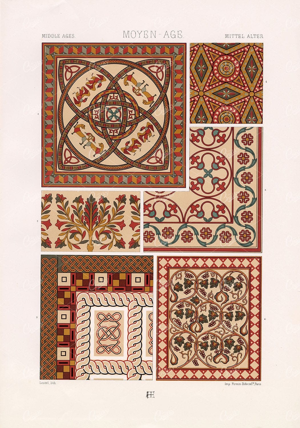 MIDDLE AGES Decorative Pattern / Border / Frames RACINET Vintage Chromolithograph Illustration