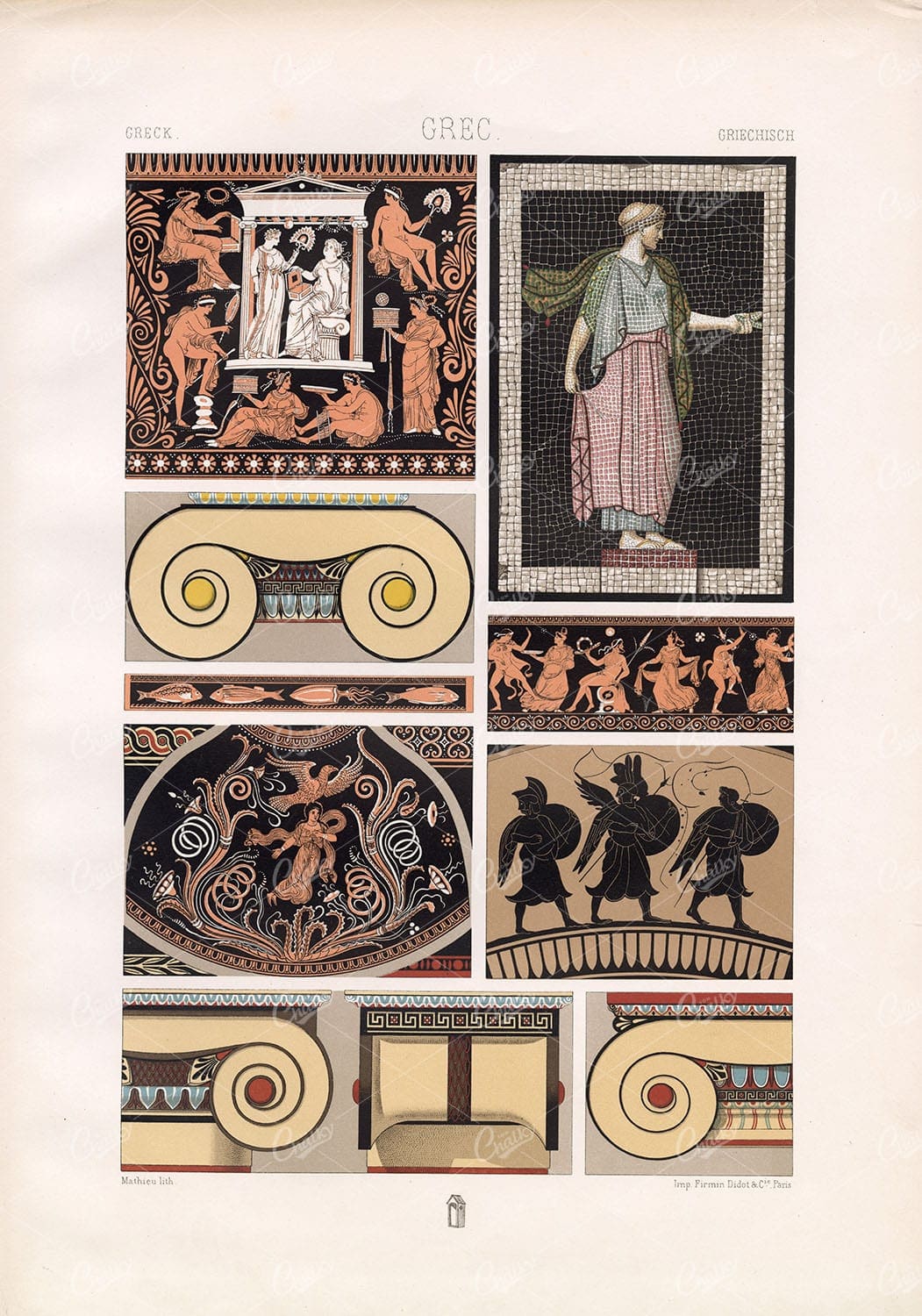 GREEK Greck Ornate Architecture RACINET Vintage 1873 Chomolithograph Artwork