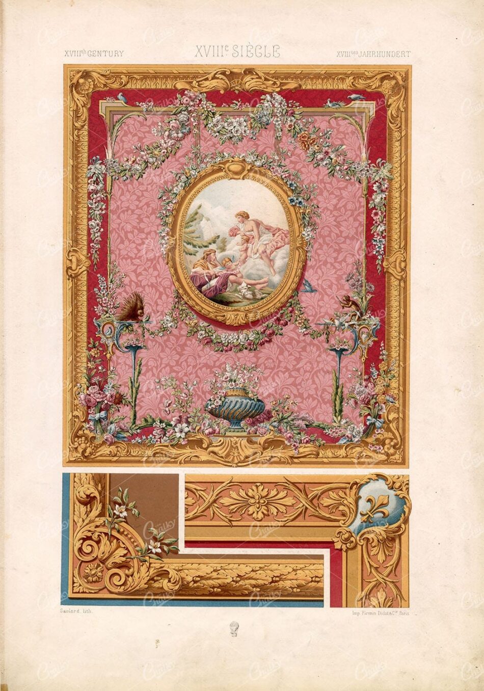 XVIII CENTURY Floral Border Frame / Ceiling Art and Design RACINET Lithograph Artwork