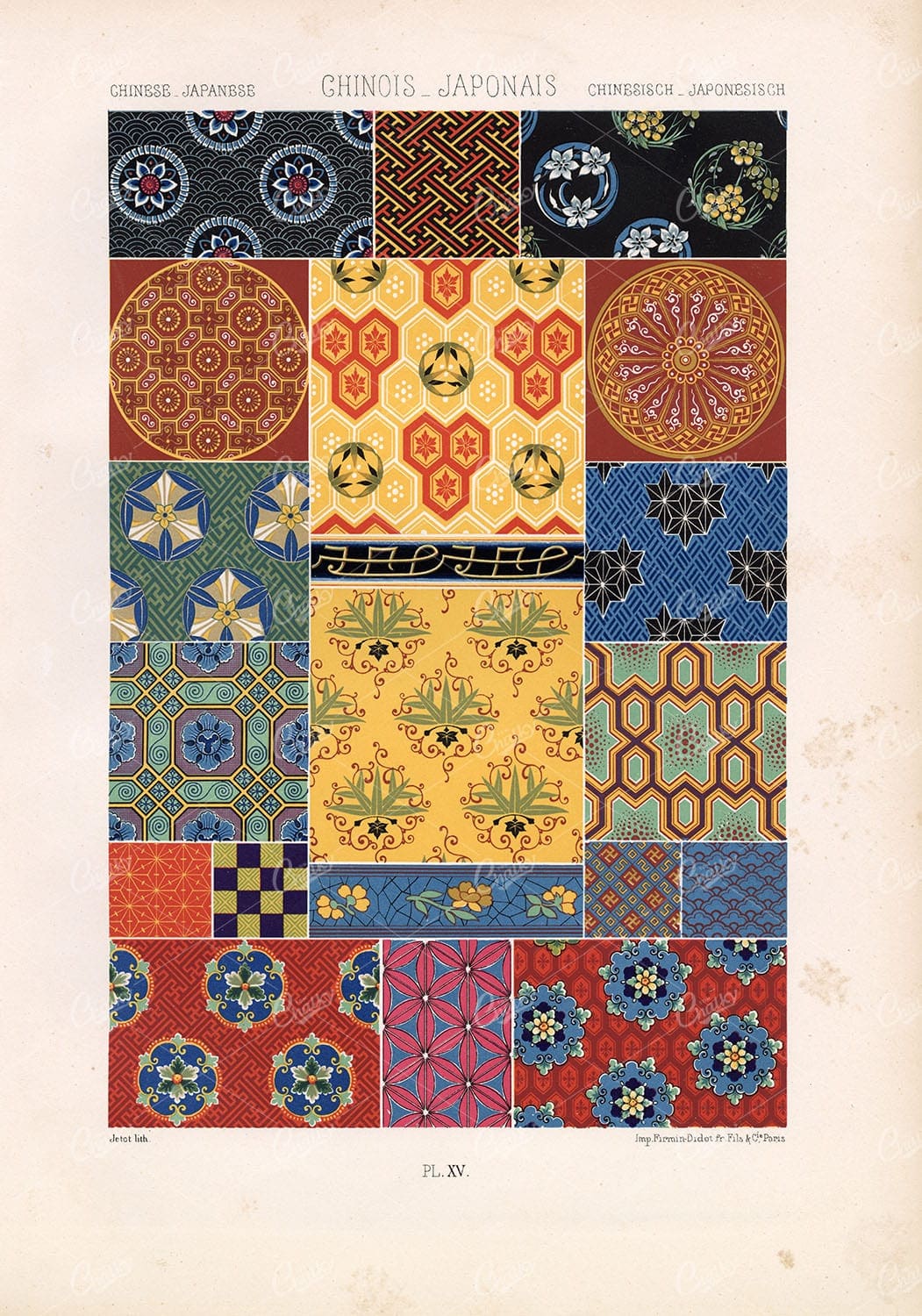 CHINESE JAPANESE Floral Pattern Design RACINET Plate XV Original Lithograph Illustration