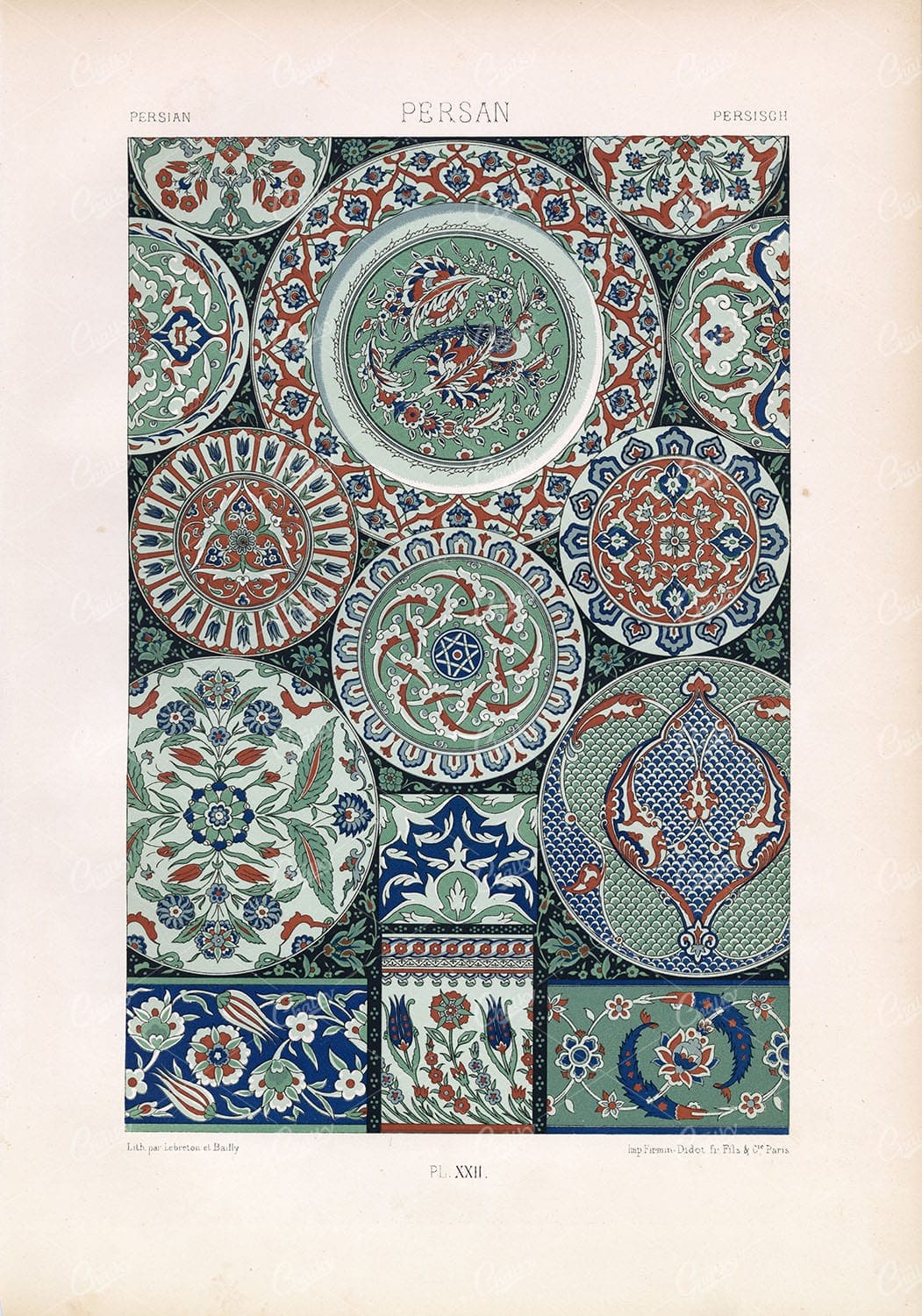 PERSIAN Beautiful Intricate Floral Pattern Design RACINET Plate XXII Lithograph Illustration