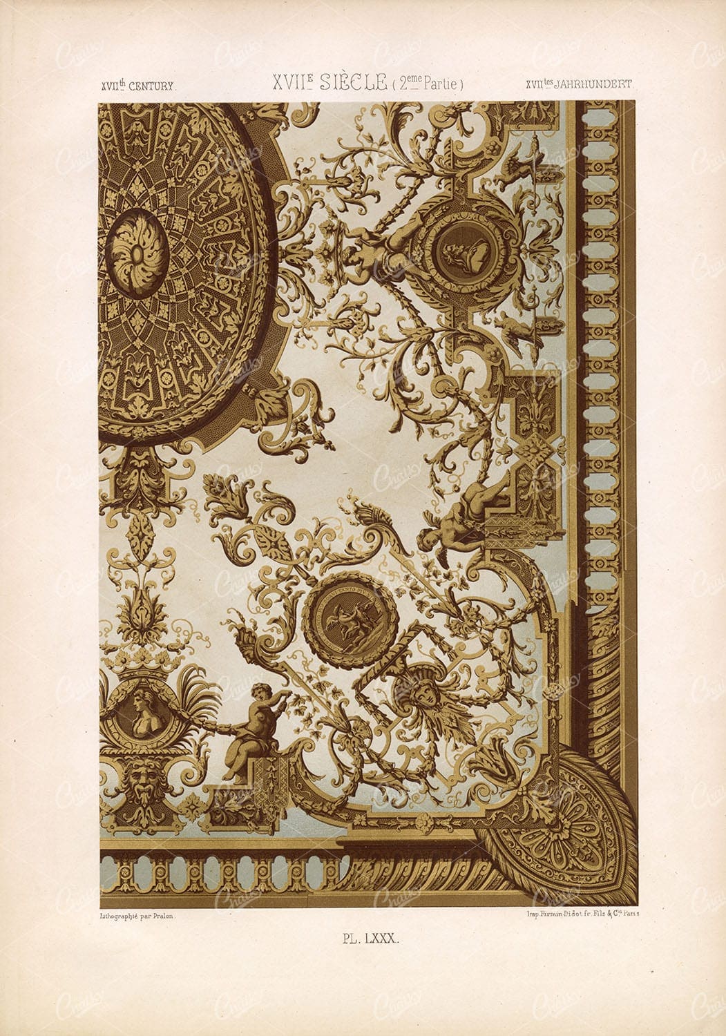 Decorative Ceiling Art Renaissance Plate LXXX 18TH CENTURY RACINET Vintage Lithograph Art