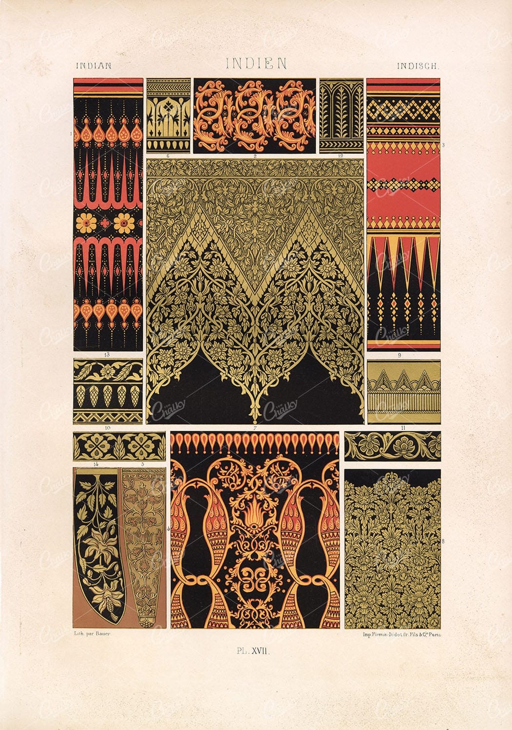 INDIAN Intricate Ornate Pattern Design RACINET Plate XVII Lithograph Antique Art