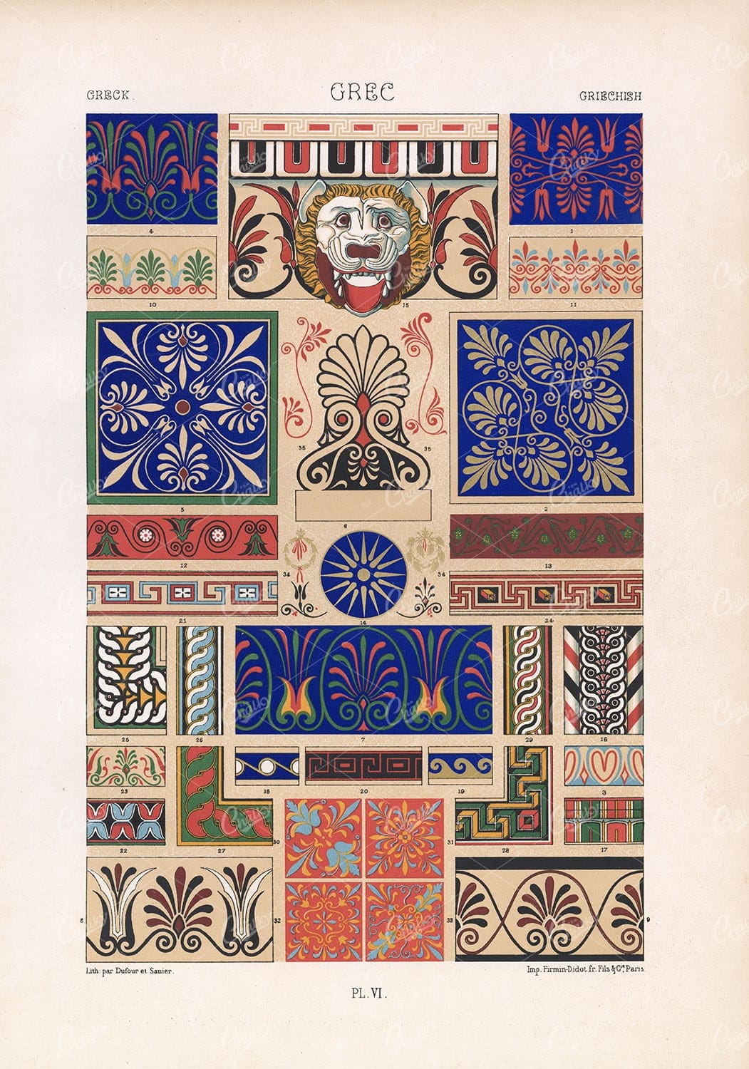 GREEK Grec Mosaic Tiles and Borders RACINET Plate VI Vintage Stock Art