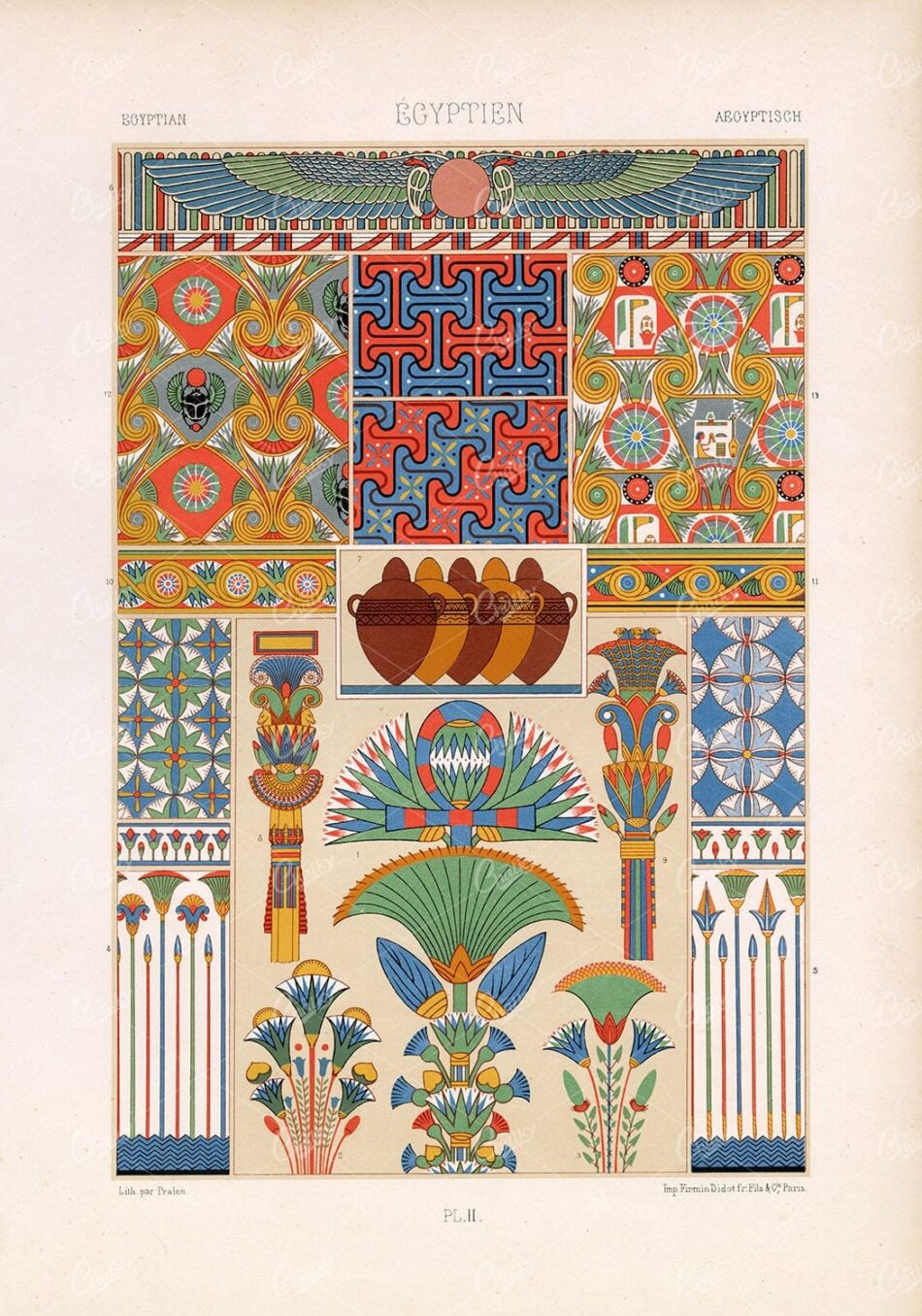 Egyptian Motifs - Lotus Columns, Scarab, And Winged Sun Patterns
