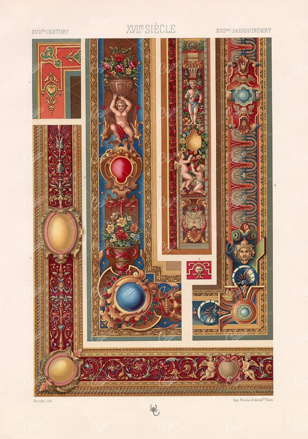 XVII CENTURY Decorative Ornamental Ceiling Design RACINET Stock Art