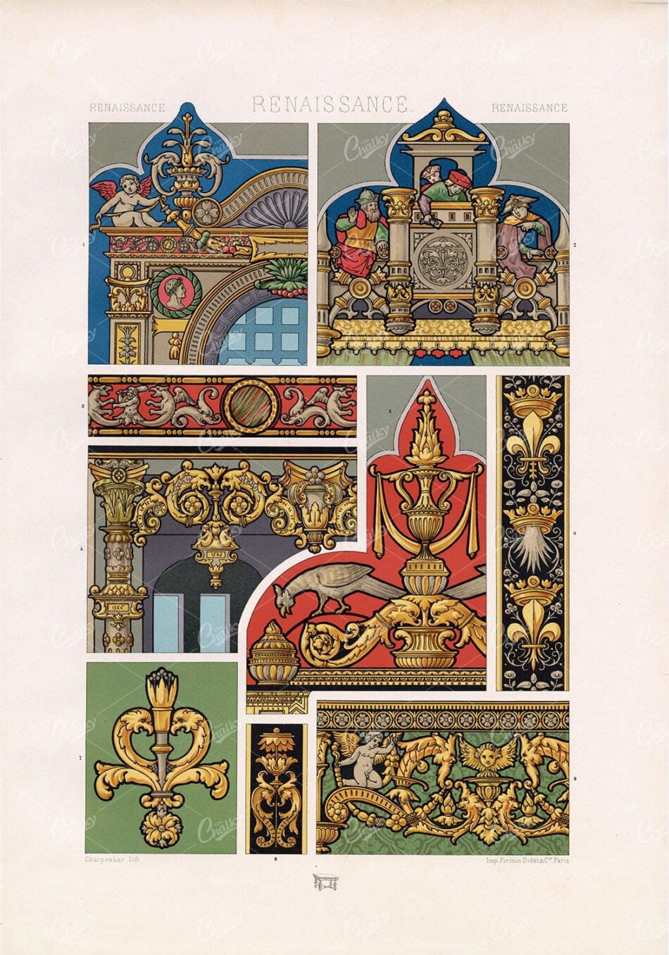RENAISSANACE Decorative Ornament Art RACINET Charpentier Lithography