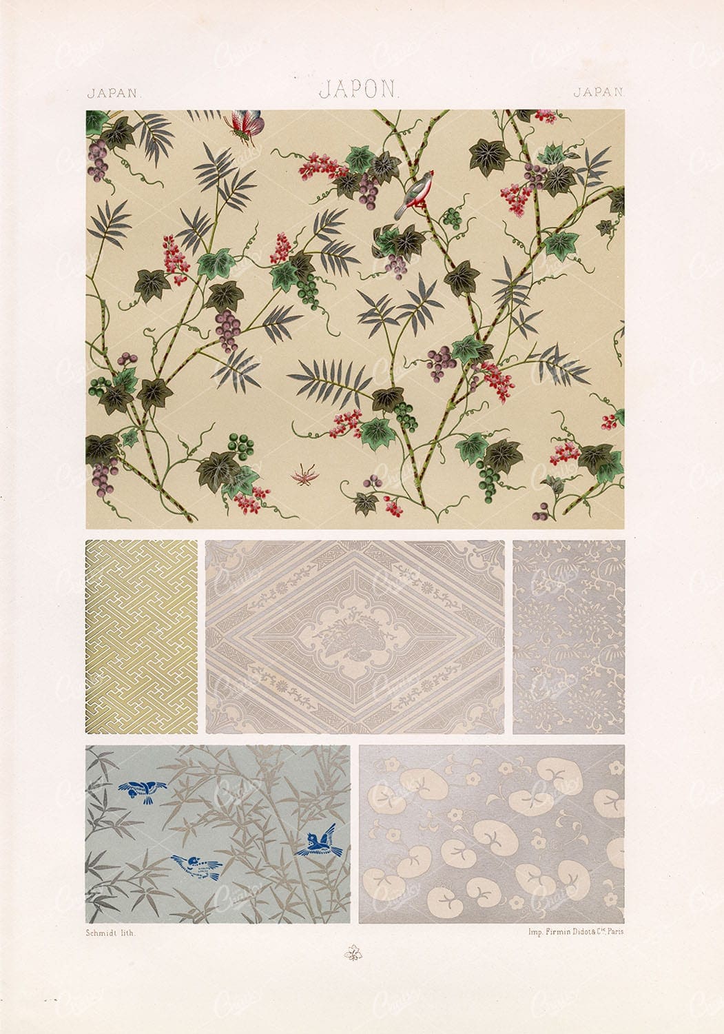 JAPAN Floral Fabric Pattern Design RACINET Schmidt Chromolithograph Stock Art