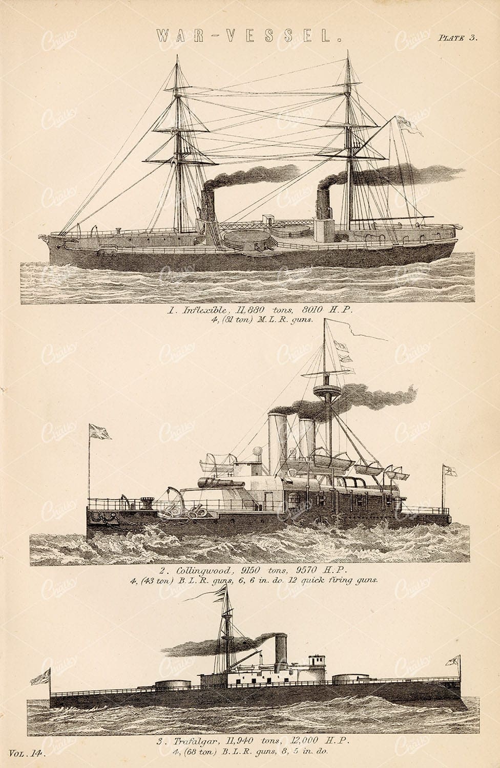 WAR Vessel Ships of War. Inflexible, Collingwood, Trafalgar. - Transport - Century Library