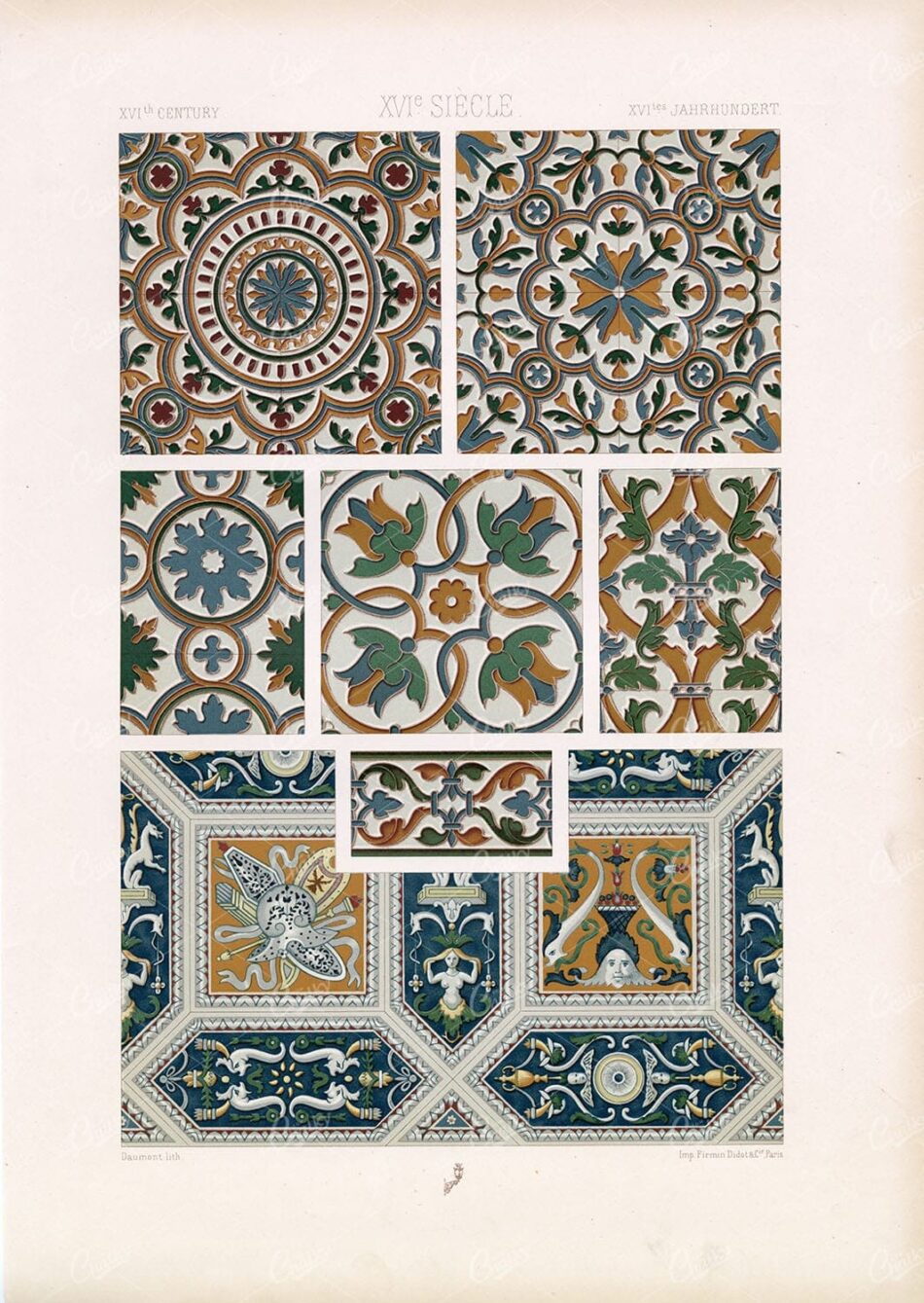16TH CENTURY Ornament Mosaic Tile Designs RACINET Vintage Stock Image