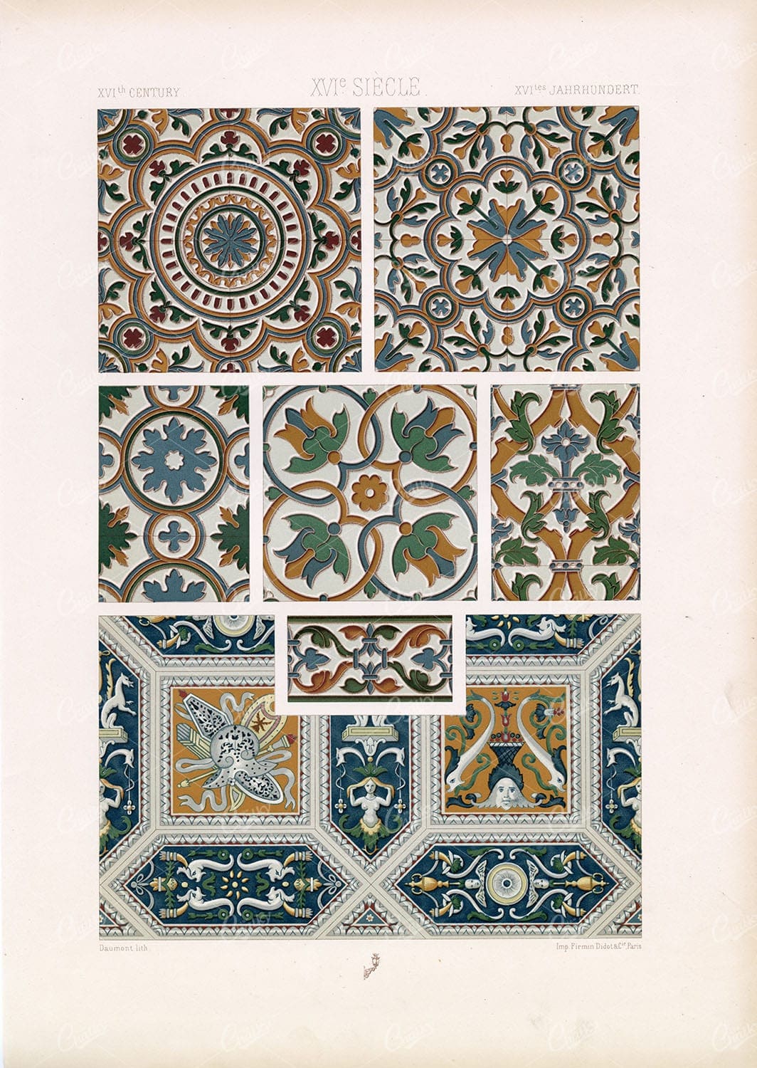 16TH CENTURY Ornament Mosaic Tile Designs RACINET Vintage Stock Image