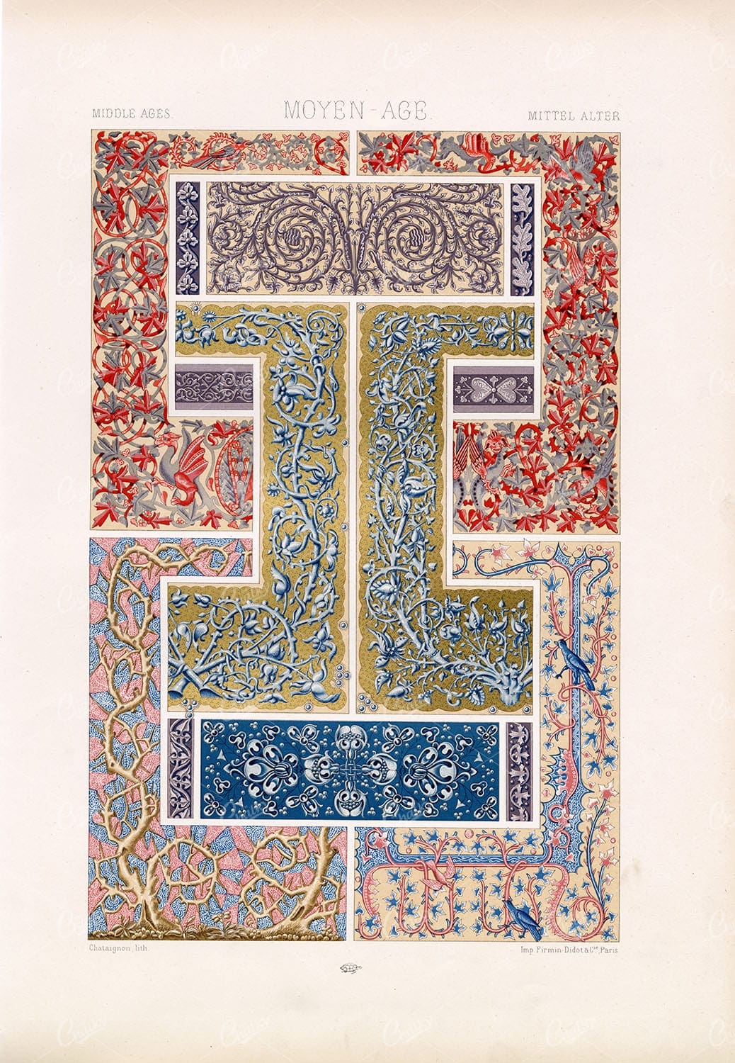 MIDDLE AGES Chromolithograph Ornamental Design RACINET 1873