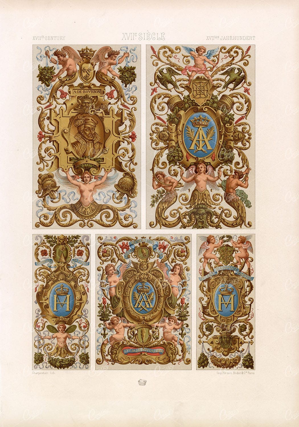 XVII CENTURY Embellished Royal Wreaths RACINET Vintage Stock Image 1873