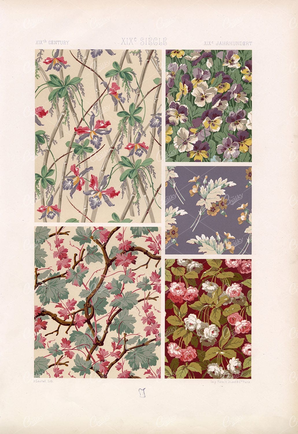 19TH CENTURY Vintage Floral Pattern Design RACINET P.Lestel Lithography Stock Image