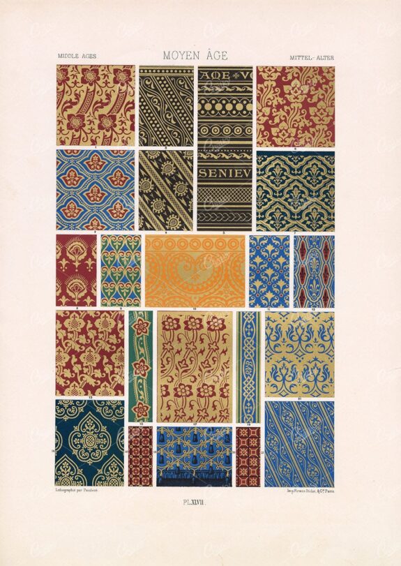 MIDDLE AGES Floral Fabric Pattern Designs RACINET Plate XLVII Lithography Stock Image