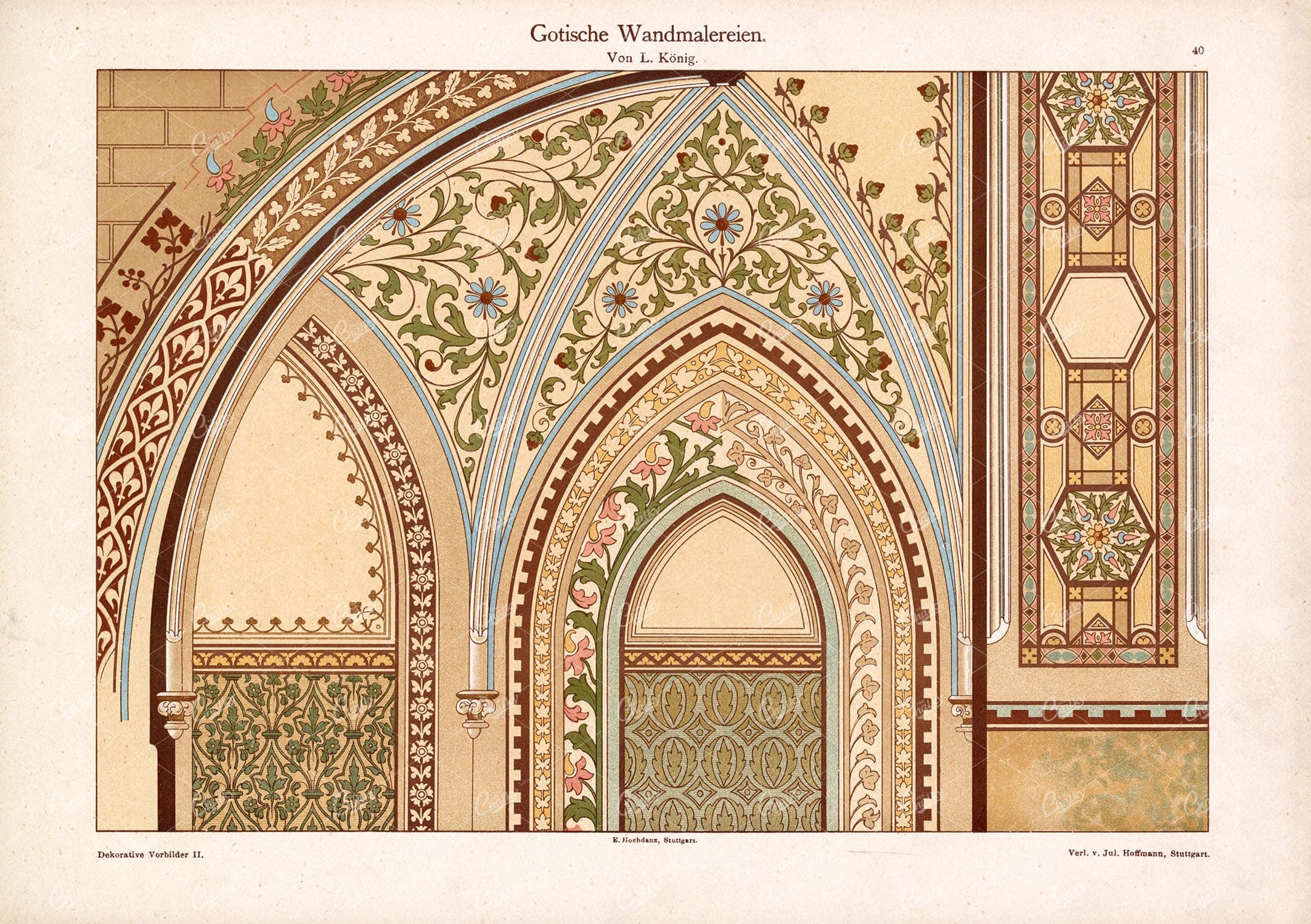 DEKORATIVE Vorbilder II, Gotische Wandmalereien Von L. Konig Vintage Stock Image
