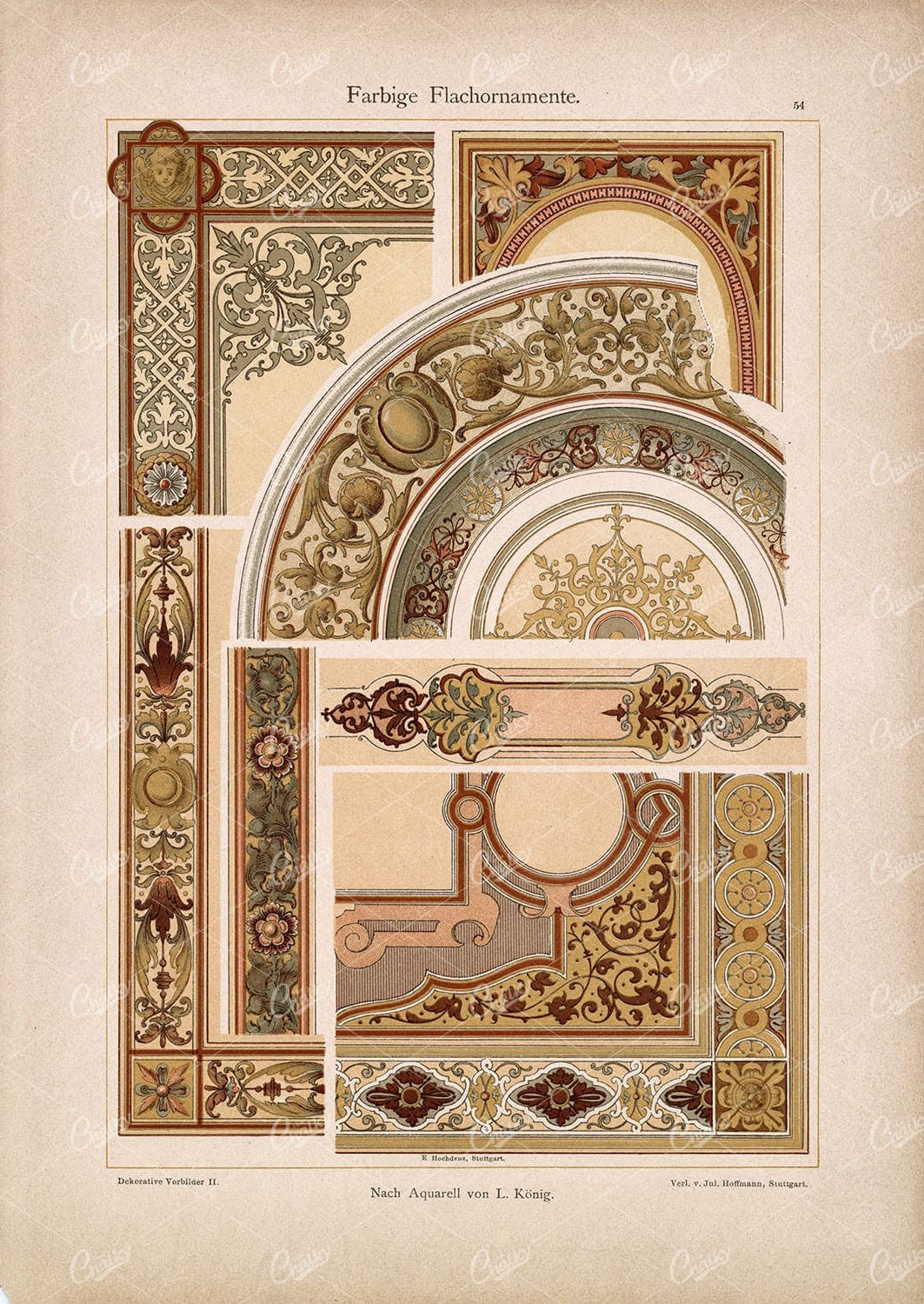 DEKORATIVE Vorbilder II, Farbige Flachornamente Von L. Konig Vintage Art
