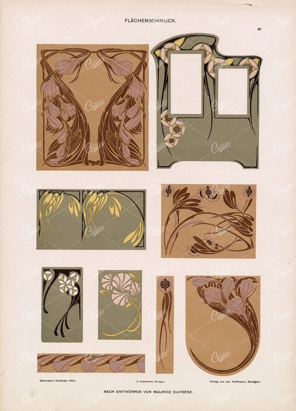 Ornamental Floral Panels With Whiplash Curves In Tan And Sage Fields - Grid Of Nine Motifs In Muted Art Nouveau Style