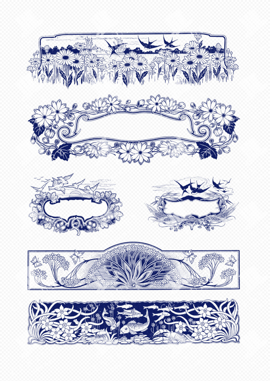 Decorative Borders And Cartouches With Daisies, Swallows, Butterflies, And Fish - Art Nouveau Blue Png Linework