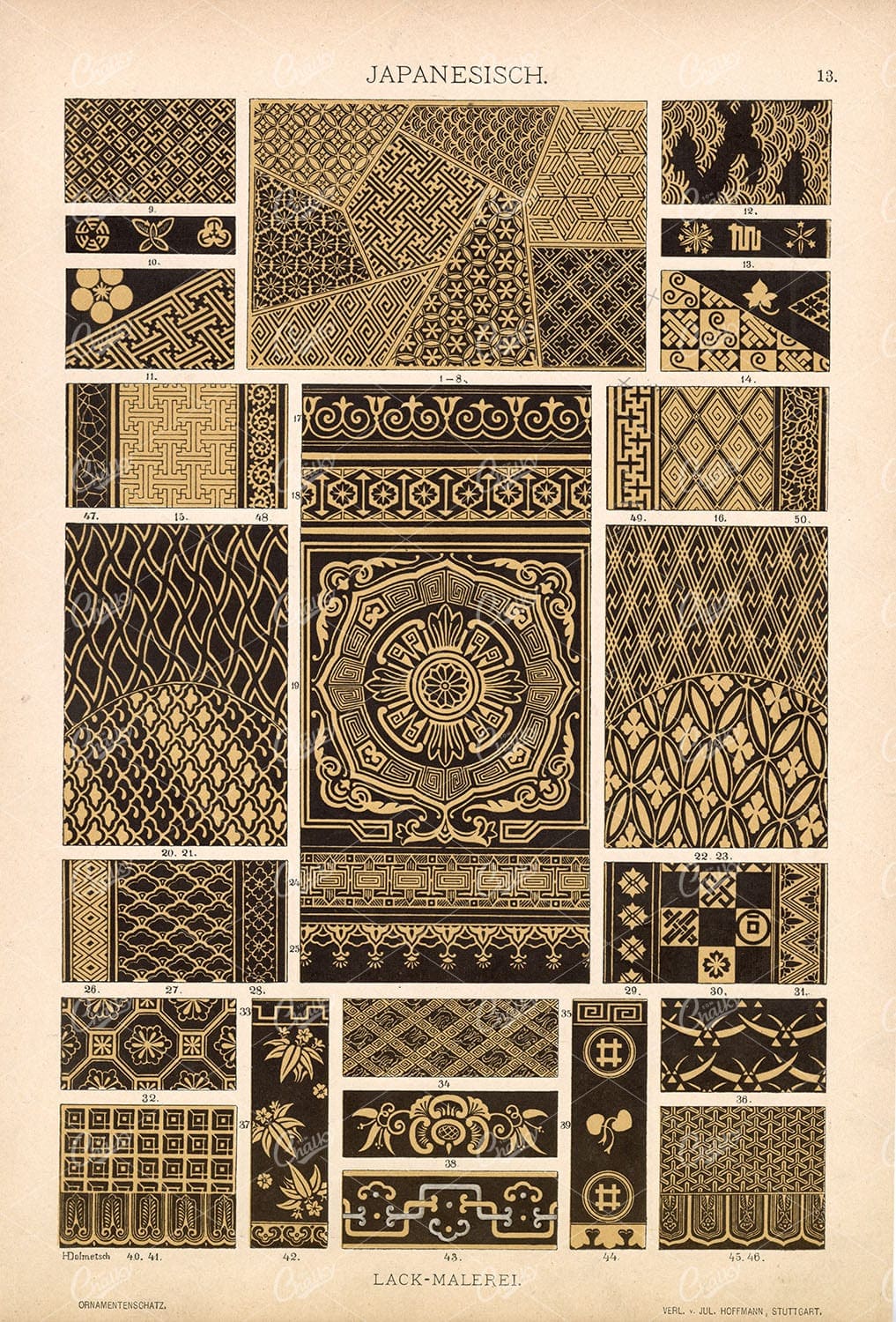 JAPANESISCH, Lacquer Painting, Ornamentenschatz 1887 Antique Litho Stock Image