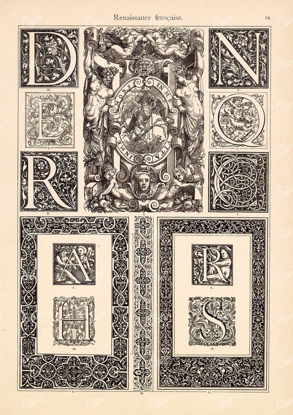 Decorative Initials With Acanthus Scrolls, Mythic Figures, And Eagle Cartouche - Gridded Layout In Renaissance Style