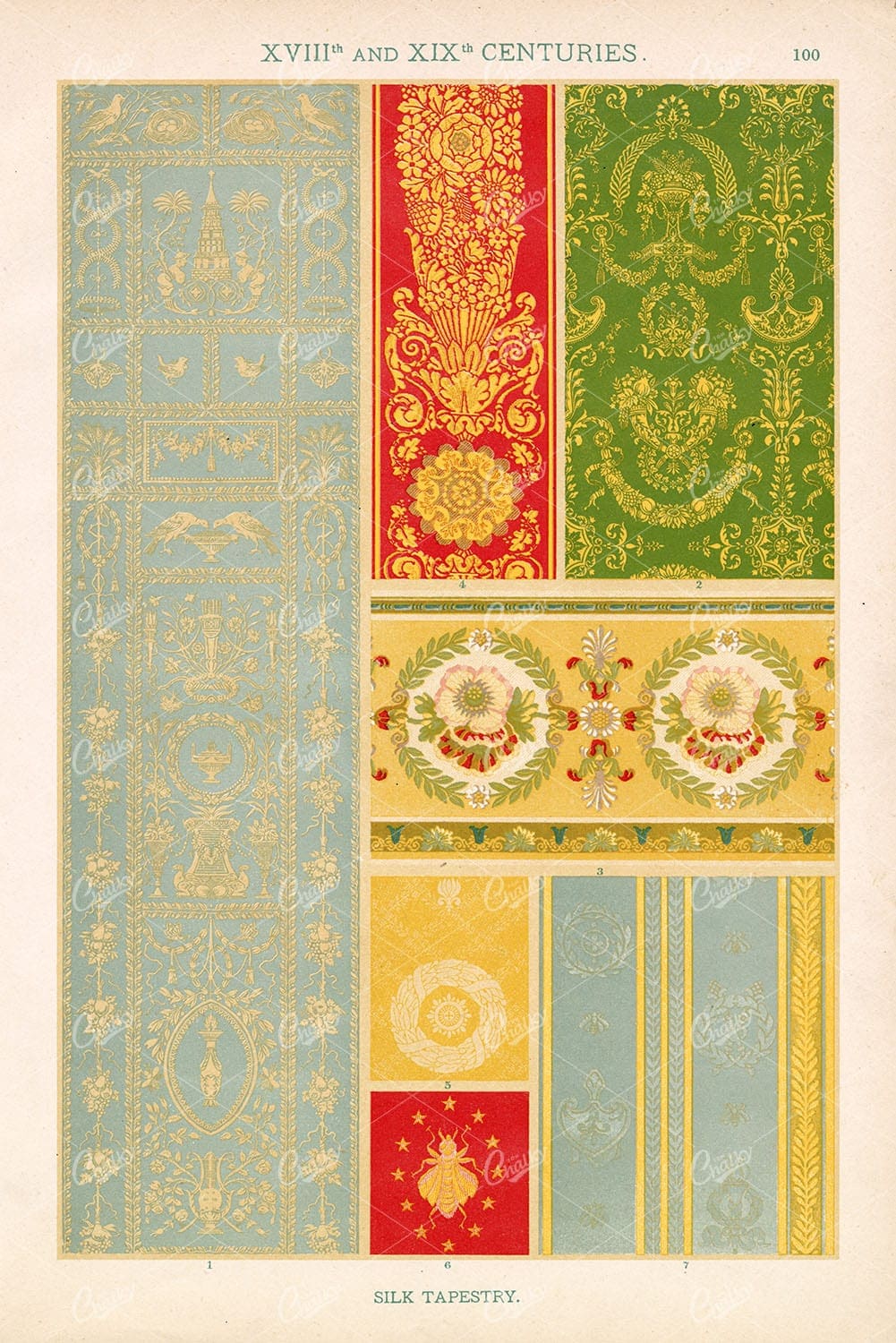 SILK Tapestry Ornate Embroidery Design, Antique Stock Image Art 1887