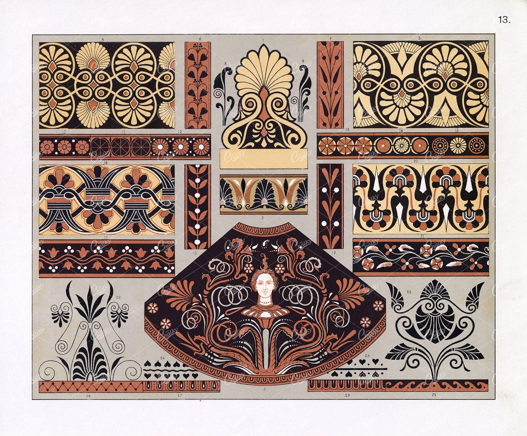 GREEK Decorative Mural Artwork, Antique Stock Image, 19th Century