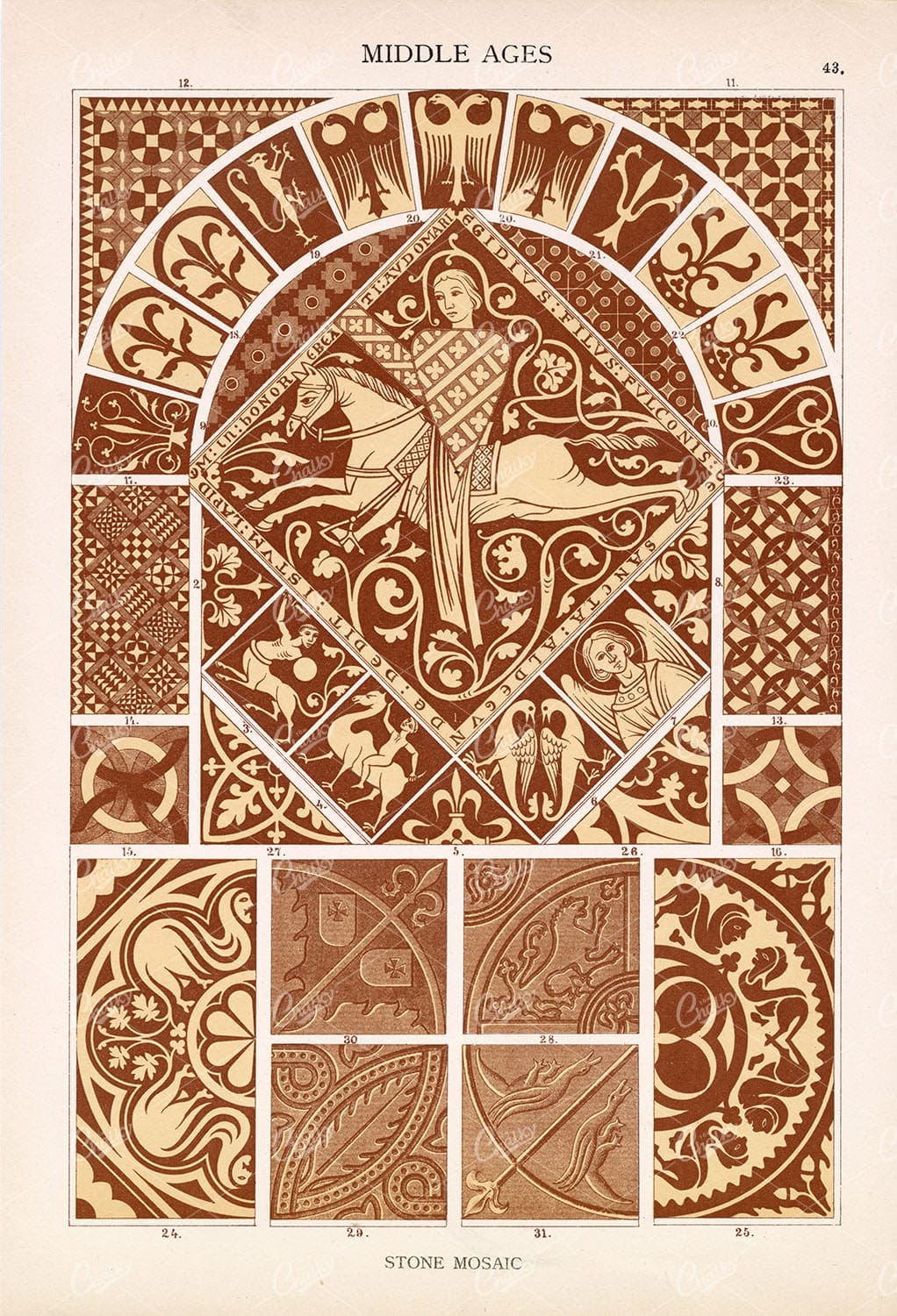 MIDDLE AGES Stone Mosaic Design, Antique Art Stock Image.
