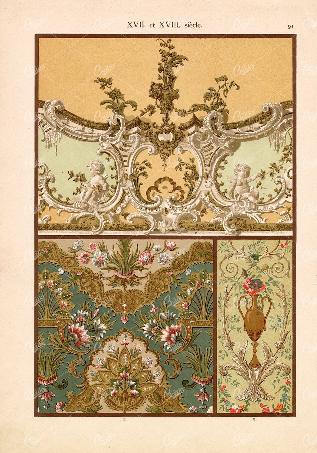 VINTAGE Ornate Floral Ceiling and Wall Paintings. Antique Art Stock Image