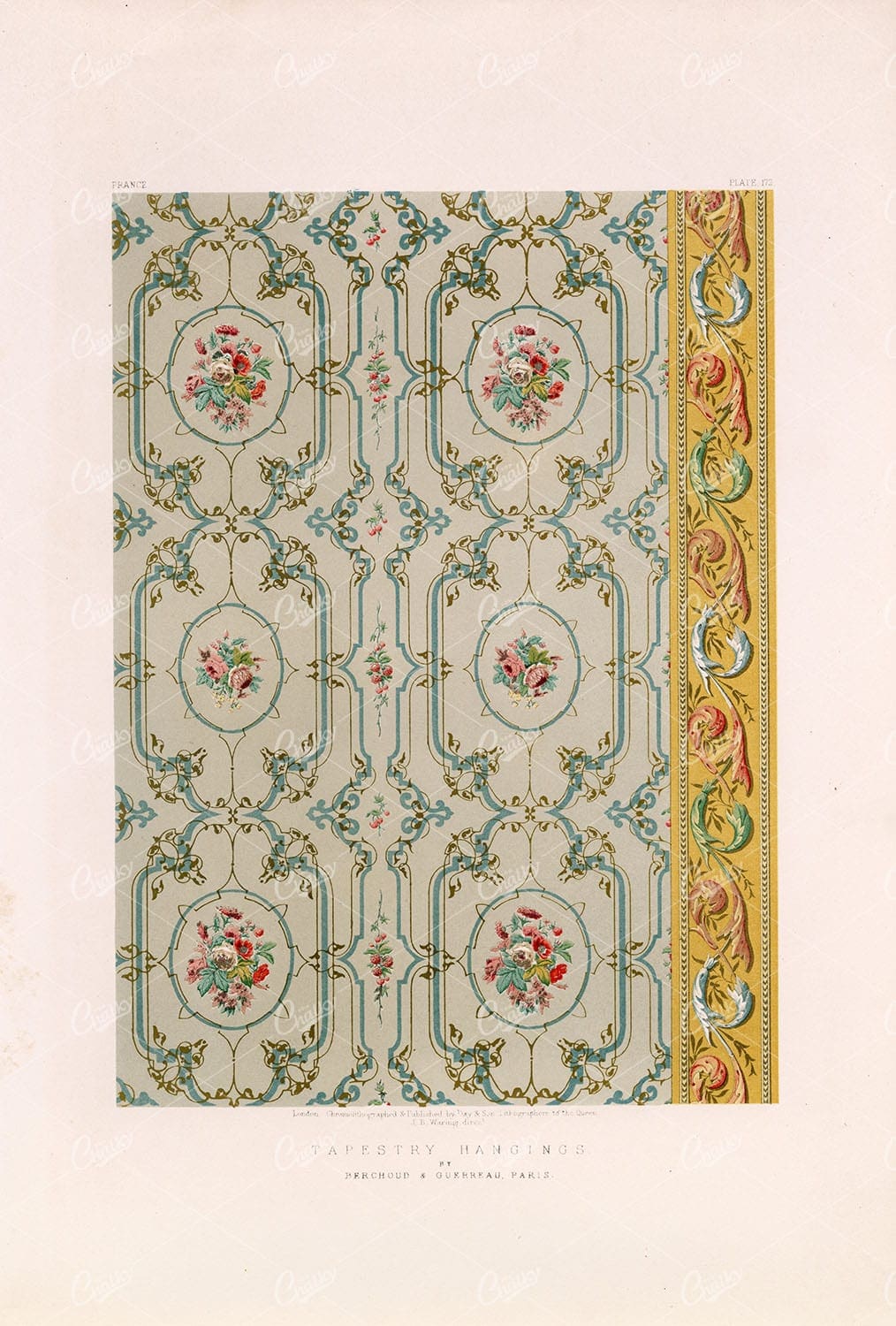 FRENCH Decorative Floral Tapestry Hanging. Lithography Antique Stock Image