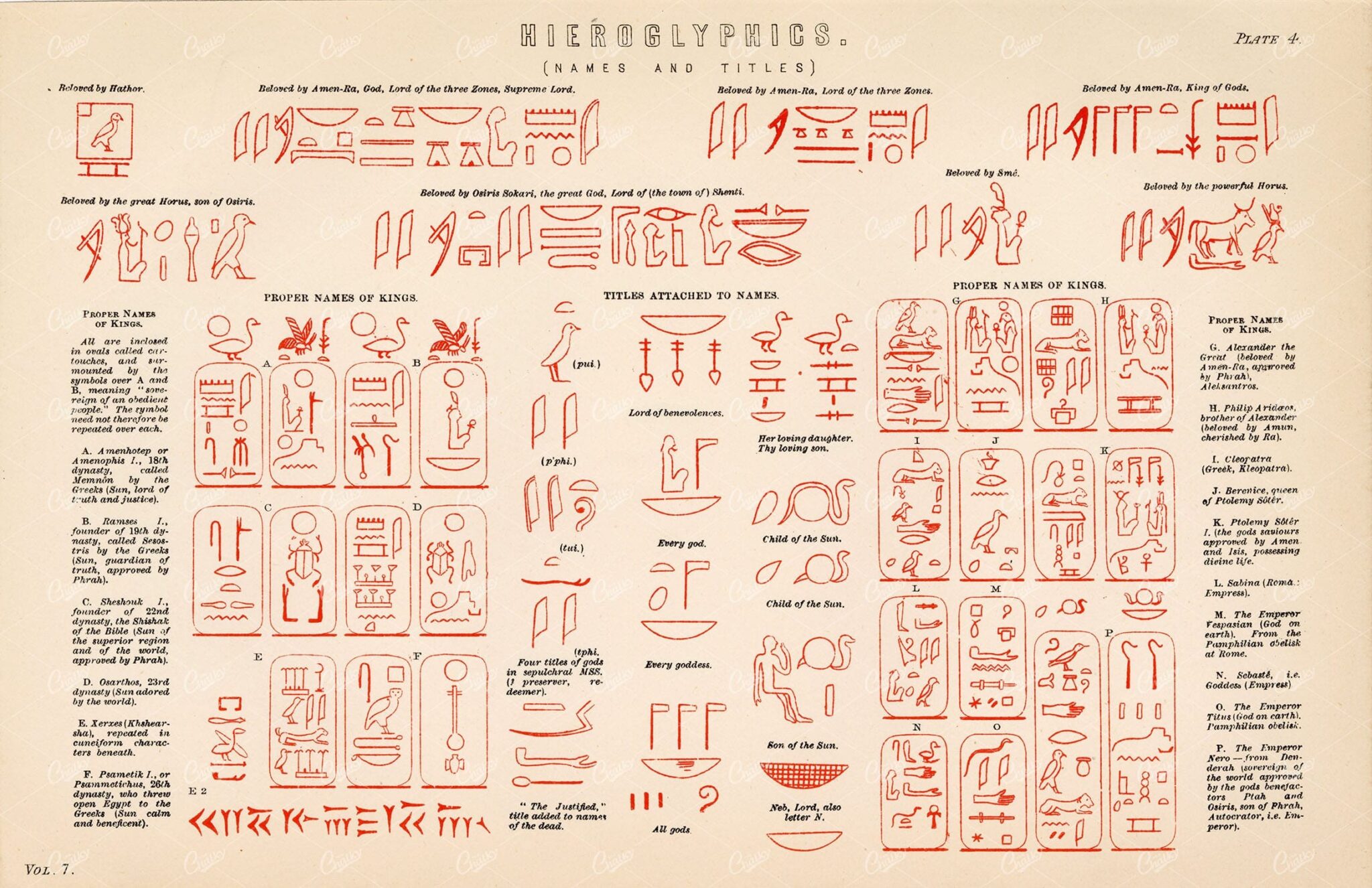 HIEROGLYPHICS Names and Titles. Antique Egyptian Stock Image - Miscellaneous - Century Library