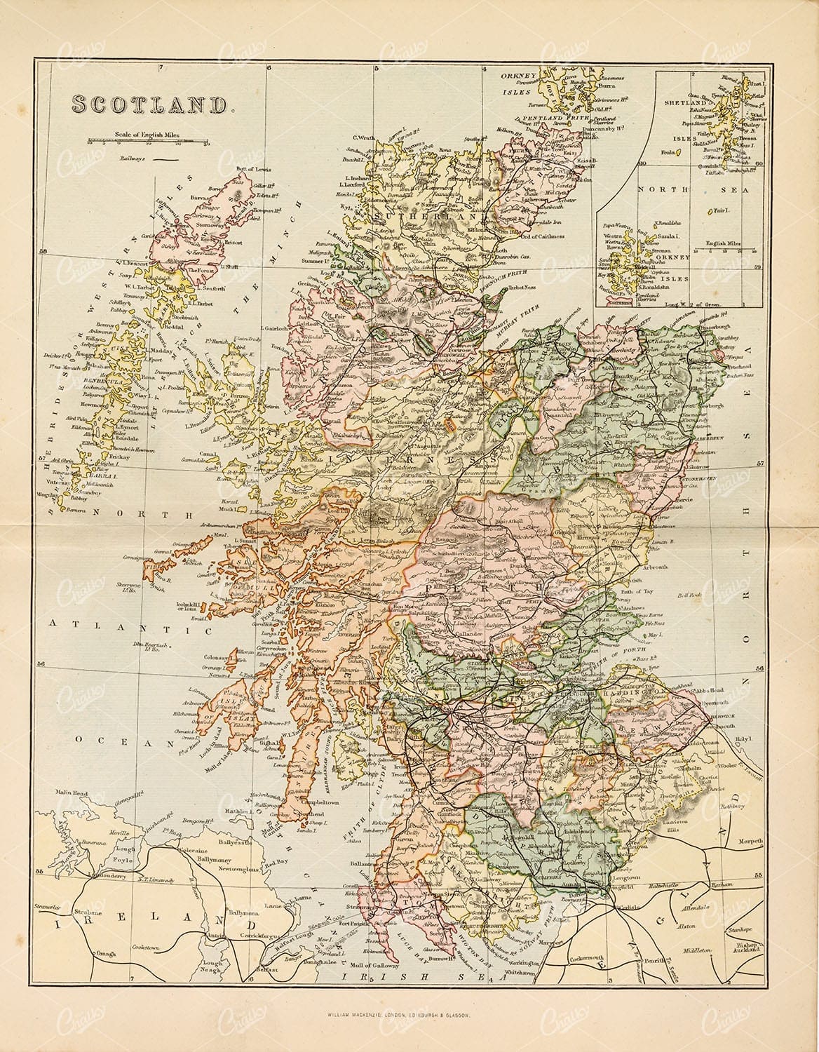 VINTAGE MAP Scotland, Great Britain. Vintage 1880 Stock Image - Maps - Century Library