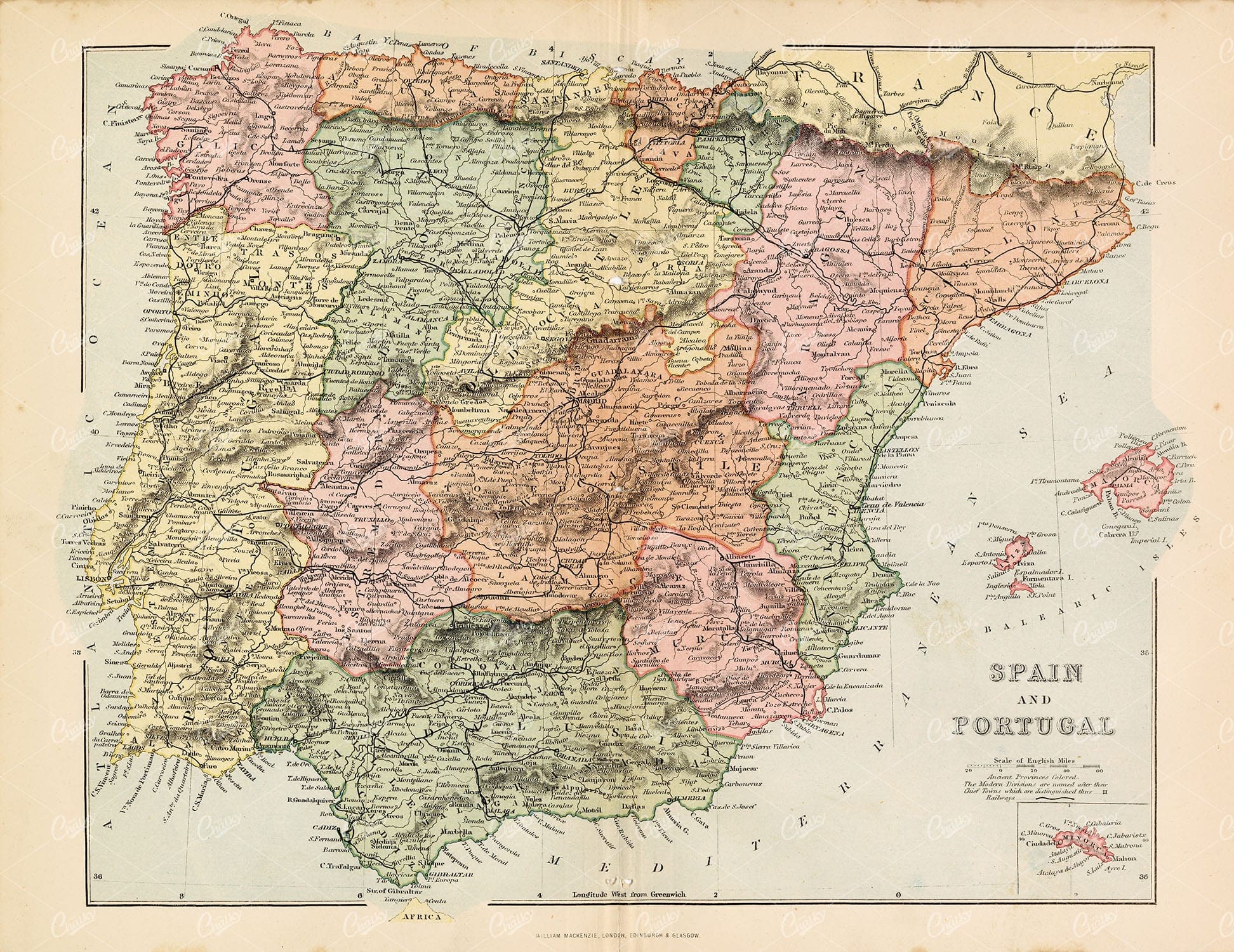 SPAIN AND PORTUGAL Antique 1880 Map Stock Image - Maps - Century Library