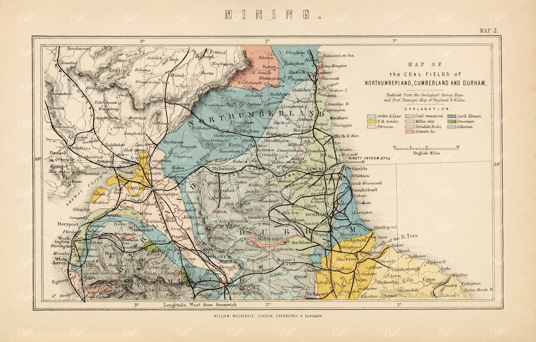 MINING Map of the Coal Fields of Northumberland, Cumberland, and Durham - Maps - Century Library