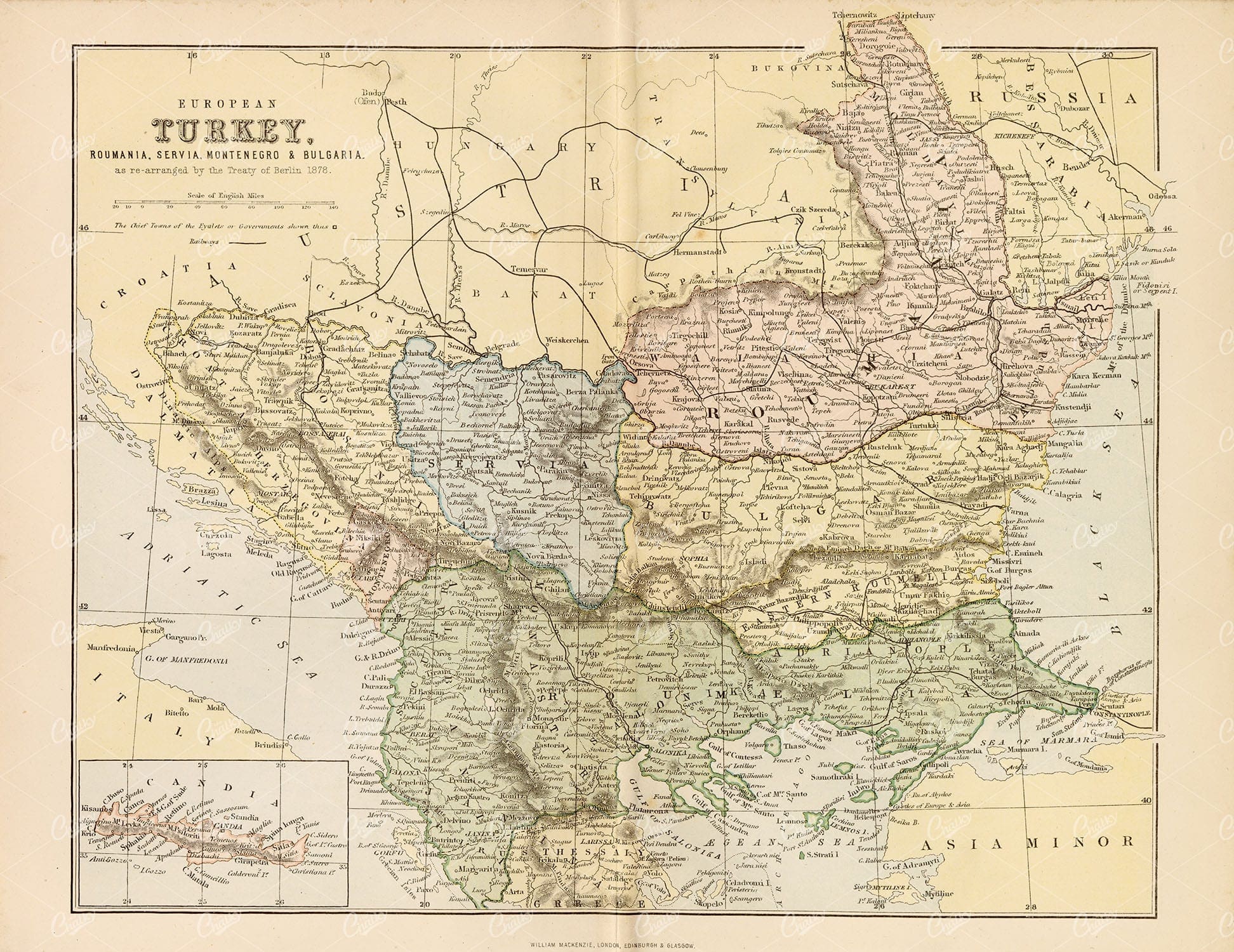 EUROPEAN Turkey, Romania, Servia, Montenegro & Bulgaria, 1880 Vintage Map - Maps - Century Library