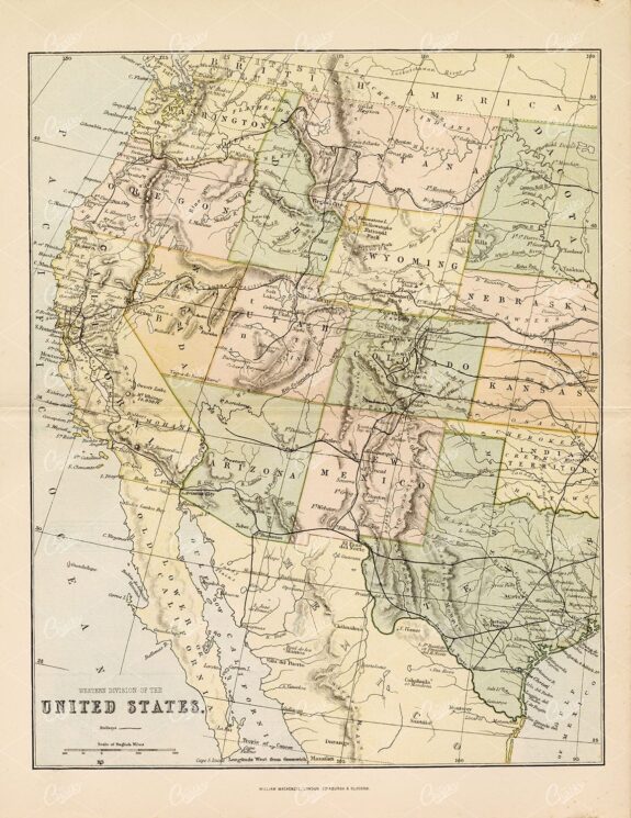 UNITED STATES, Western Division. Vintage 1880 Map - Maps - Century Library
