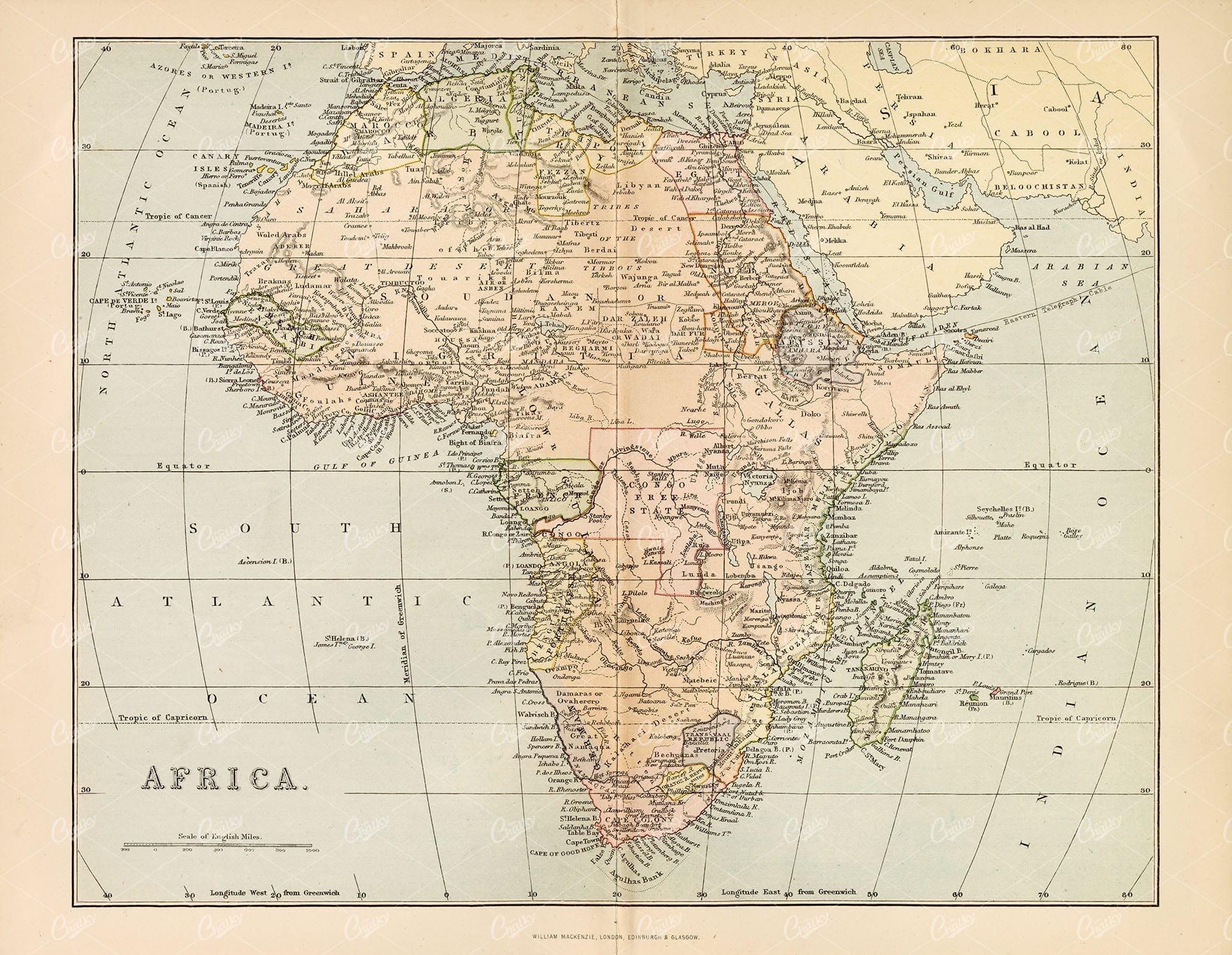 VINTAGE Map of Africa. 1880 William Mackenzie. - Maps - Century Library