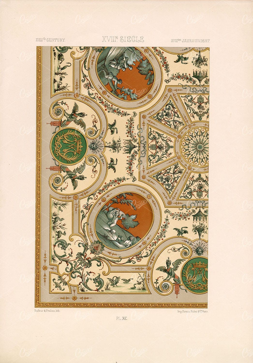 XVIII CENTURY Detailed Ornamental Ceiling Design RACINET Plate XC