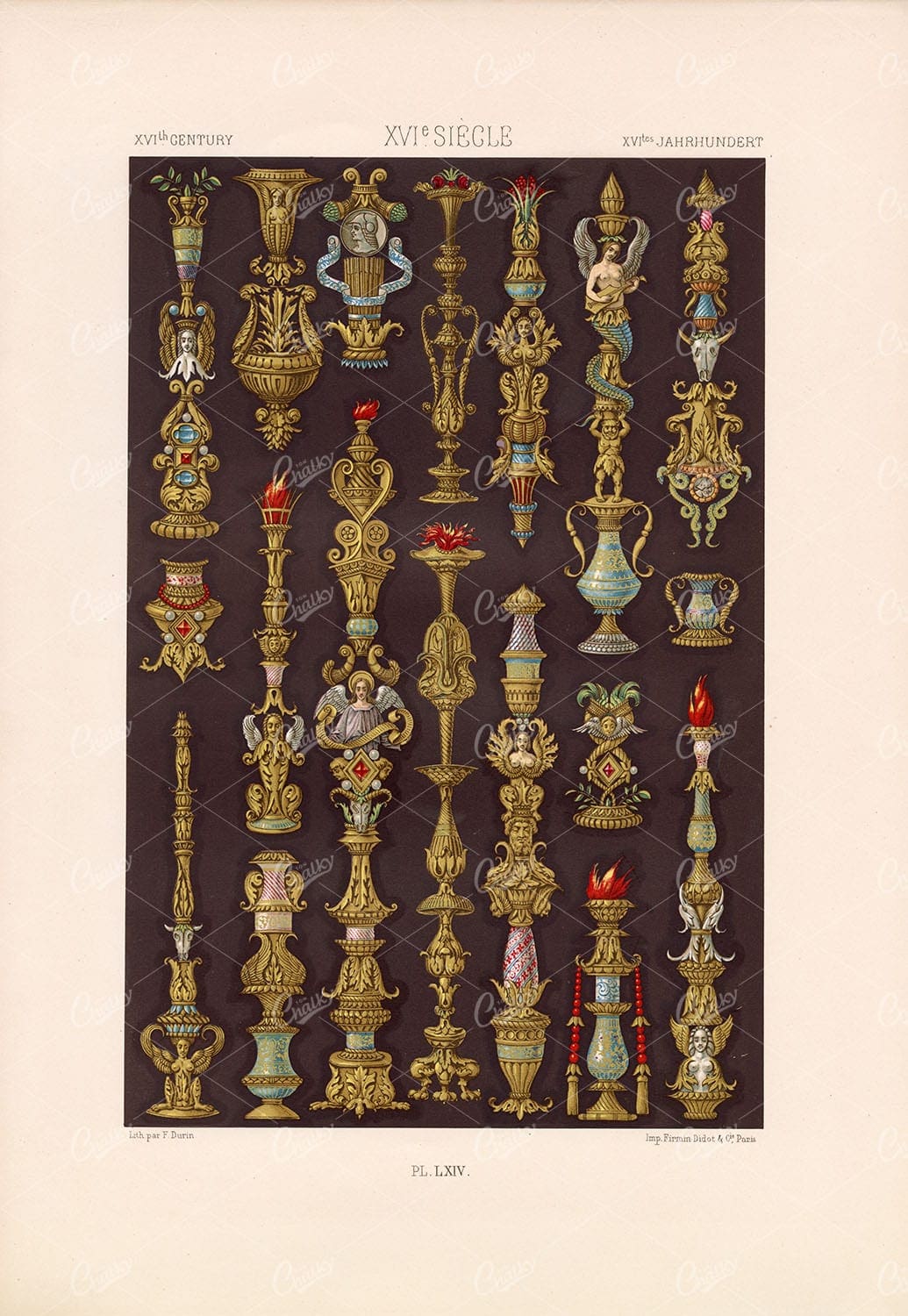 16TH CENTURY Detailed Ornaments Lith Par F Durin RACINET Place LXIV