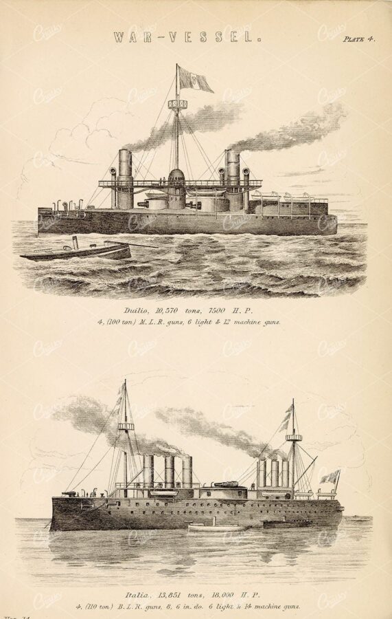 WAR Vessel Ships of War. Duilio, Italia. Antique Print