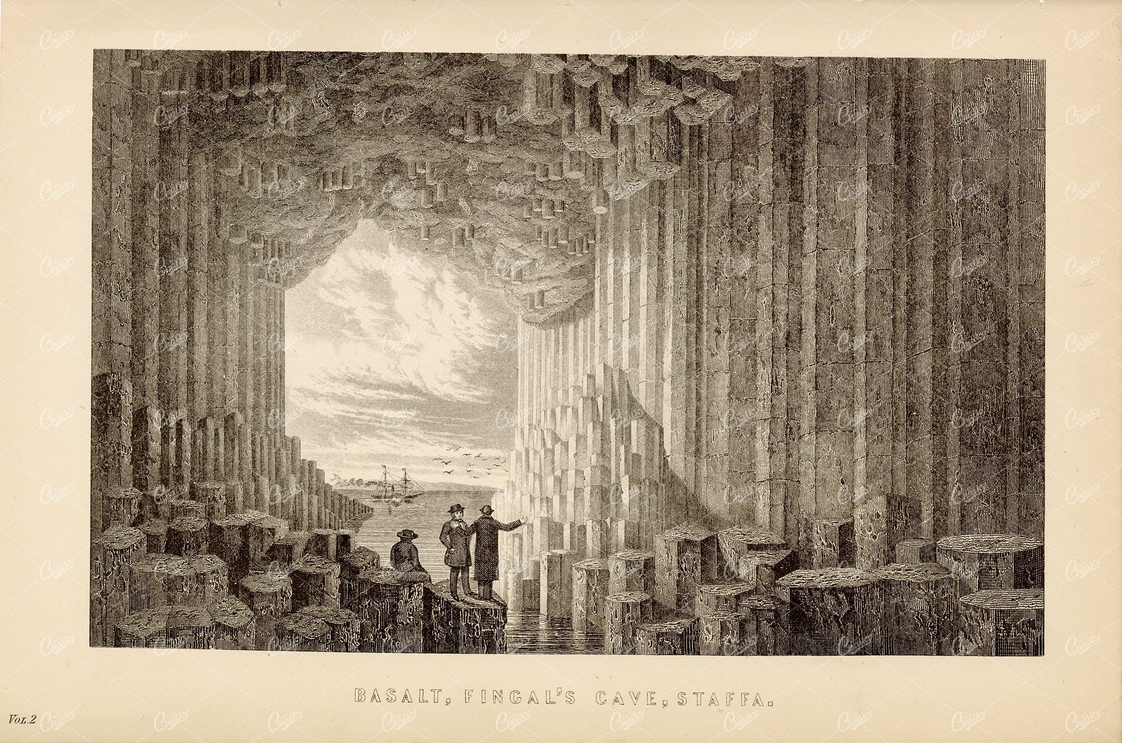 CAVES - Basalt, Fingal's Cave, Staffa. Antique 1880's Print