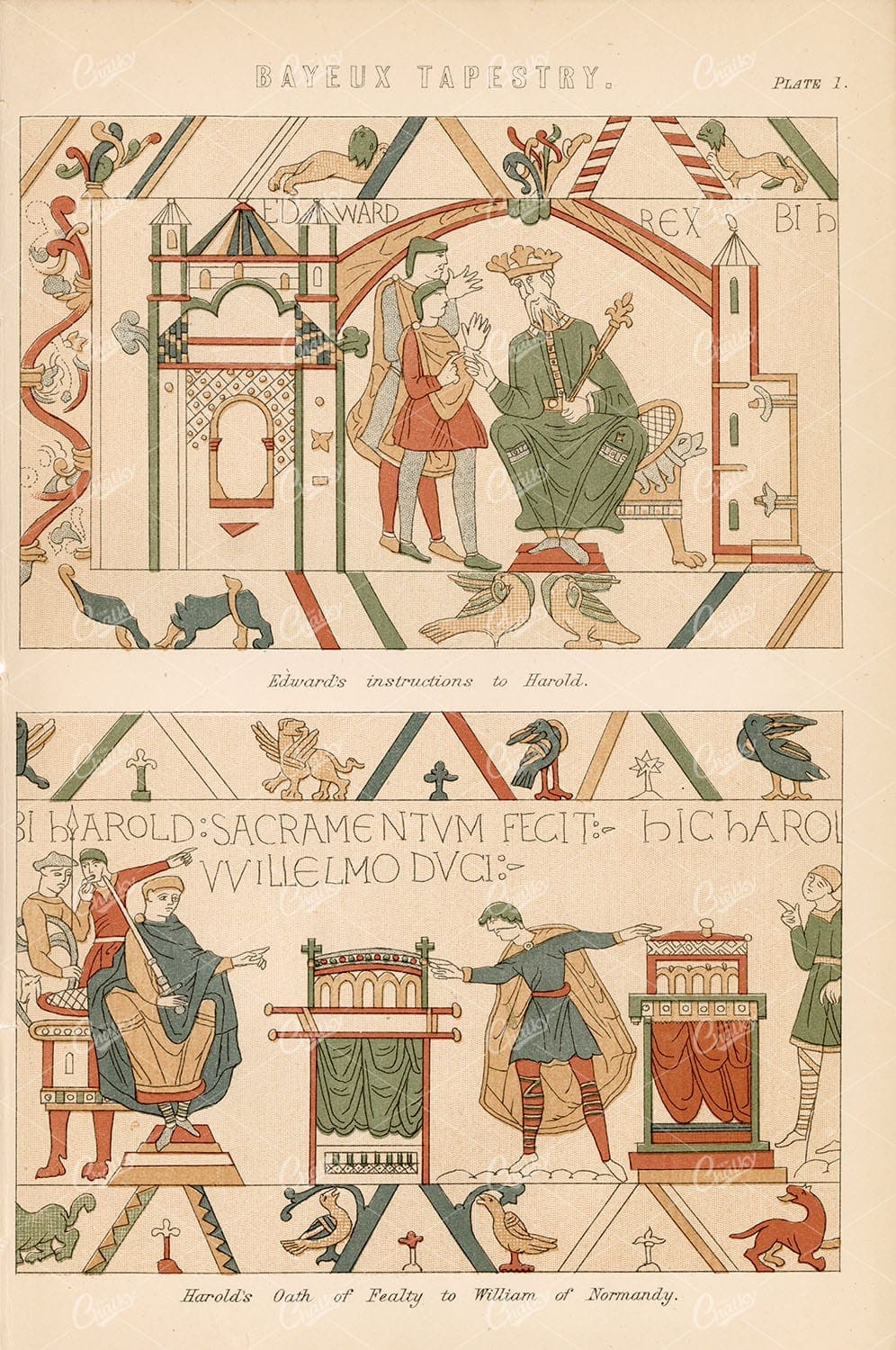 TAPESTRY Bayeux, Edward's Instructions to Harold. Antique 1880's Print