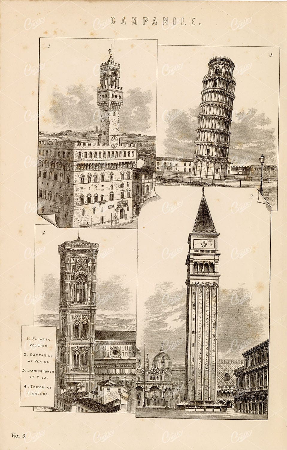 ARCHITECTURE Standing Bell Towers, Palazzo, Campanile, Antique 1880's Art